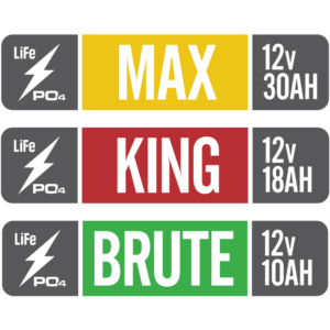 LiPO4 Battery logos, Max, King, Brute
