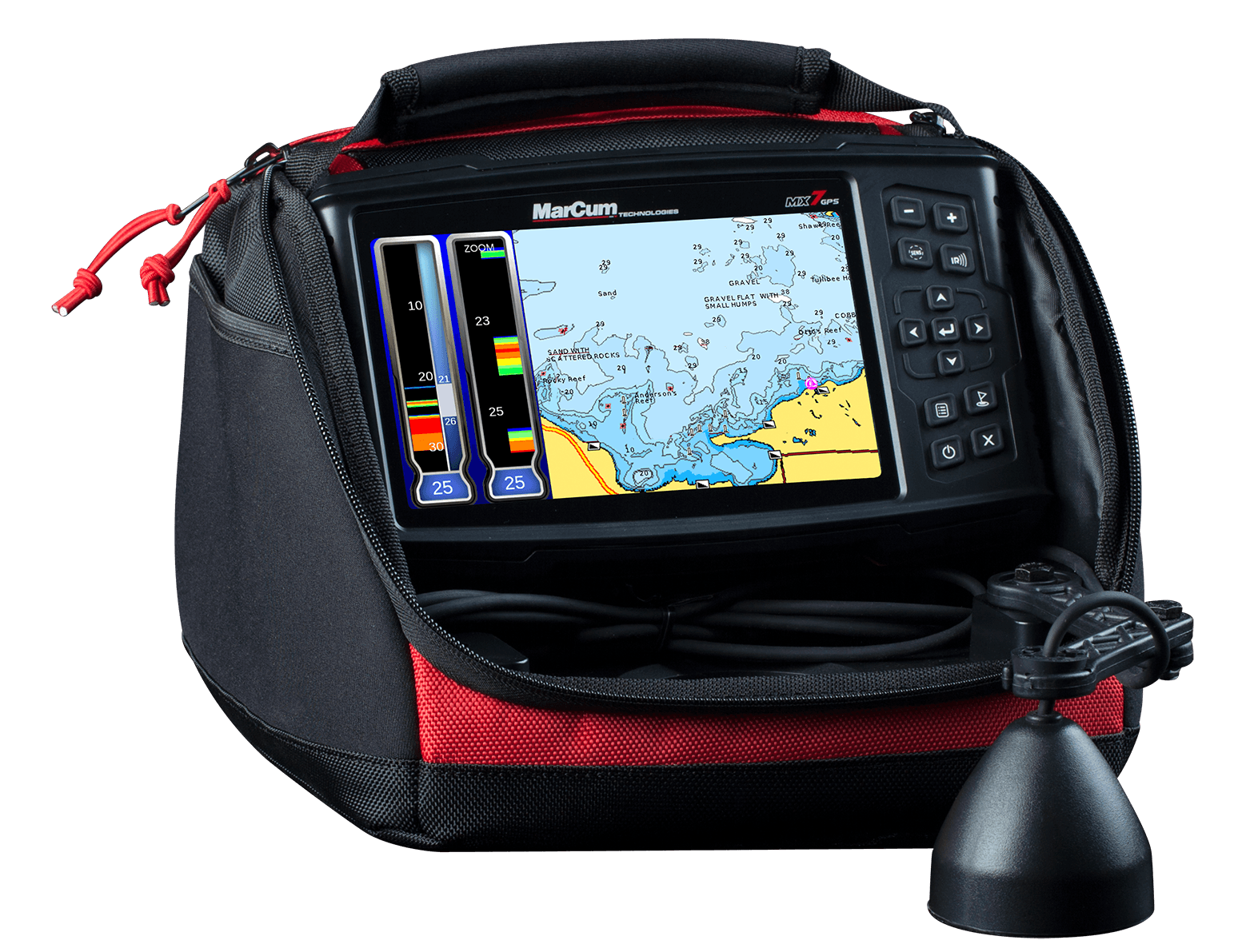 MX-7GPS LITHIUM EQUIPPED GPS/SONAR SYSTEM vertical dial and map split screen