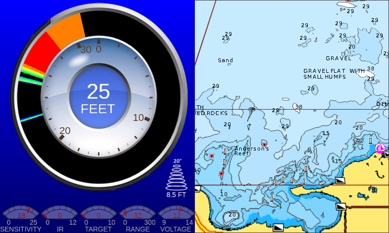Round flasher dial and map split screen in blue on MX-7GPS